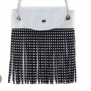 White and black fringe faux leather crossbody with studs on the fringe…